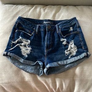 High wash dark wash distressed jean shorts